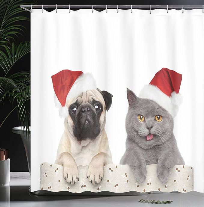 Ambesonne Pug Shower Curtain, Christmas Themed Animal Photography a Cat and Dog Wearing Santa Hats Print, Cloth Fabric Bathroom Decor Set with Hooks, 69" W x 70" L, Cream Grey