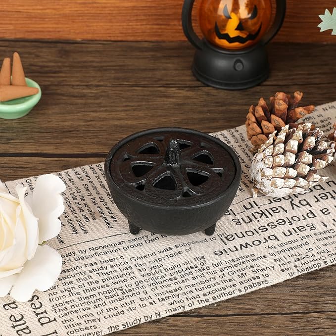 JUXYES Vintage Tripod Incense Burner Holder with Lid, Cast Iron Incense Holder Metal Cauldron Censer Antique Cone Coil Incense Burner Holder for Incense Resins, Charcoal, Cones or Wax Melts