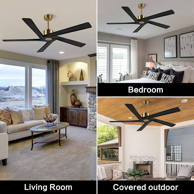 WINGBO 54 Inch DC Ceiling Fan without Lights, 5 Reversible Carved Solid Wood Blades, 6-Speed Noiseless DC Motor, Ceiling Fan No Light with Remote, Brass Finish with Black Blades, ETL Listed
