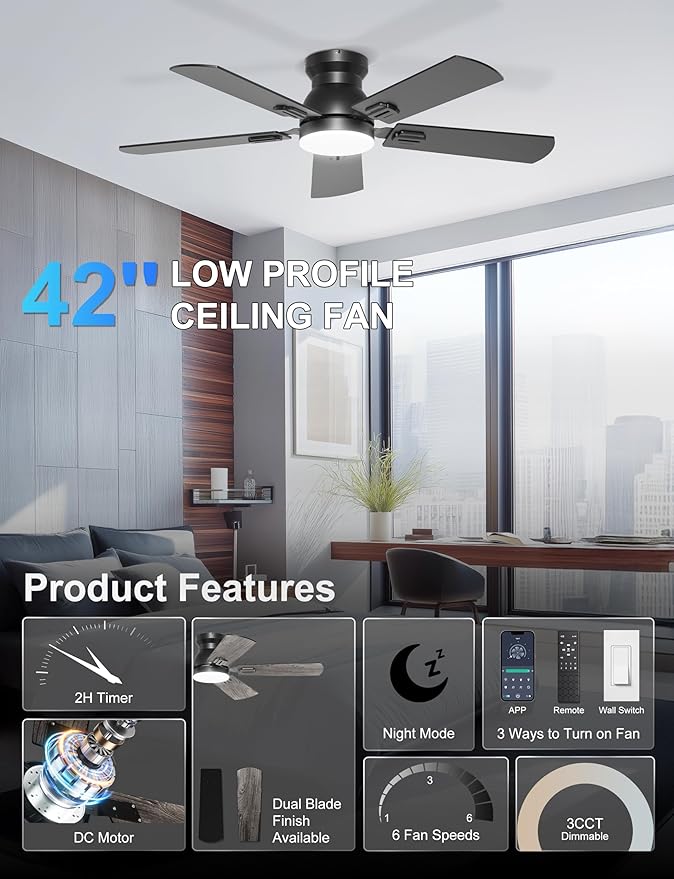 42'' Black Flush Mount Ceiling Fan with Lights for Kids Room | App/Remote Control, Low Profile, Space-Saving, Quiet DC Motor, 3CCT Dimmable, 6 Speeds Modern Overhead Fan for Low Ceilings