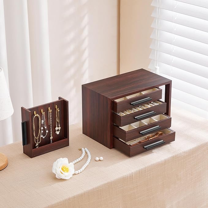 HOOBRO Jewelry Box for Women, Wooden Jewelry Organizer with Transparent Window, 4-Layer Jewelry Organizer Box, Jewelry Holder Organizer for Earrings, Necklaces, Rings, Dark Walnut and Black BRT09JB04