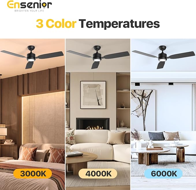 Ensenior 52 Inch Ceiling Fan with Light and Remote, Modern Black Ceiling Fans with 3 Reversible Wood Blades, Quiet DC Motor, 6-Speed, Memory Function, Farmhouse Ceiling Fan for Bedroom Living Room