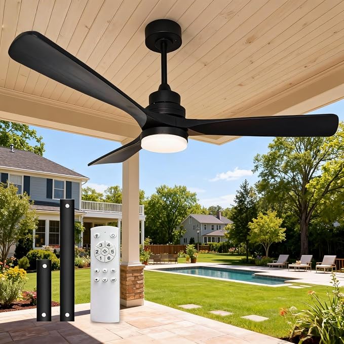 52-inch solid wood ceiling fan with light, black ceiling fan with light and remote control, 2 downrods, reversible DC motor, 3 blades, suitable for indoor, outdoor, rooms and living rooms