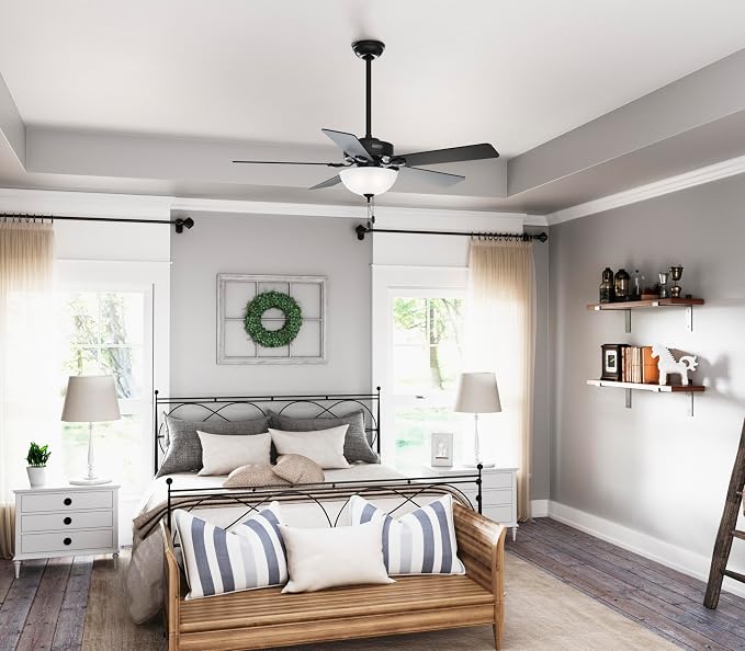 Hunter Swanson, Indoor, Ceiling Fan, with LED Light, 52 inch, Matte Black | Standard Mount, Pull Chain, 5 Blades, For Bedroom, Living Room, Kitchen, 51738