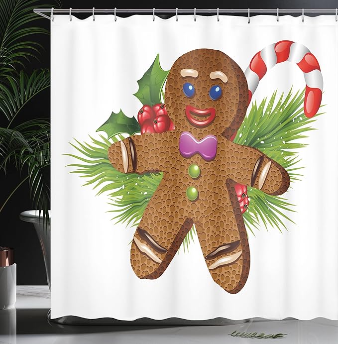 Ambesonne Gingerbread Man Shower Curtain, Tasty Pastry on Coniferous Branches Candy Cane and Holly Berry, Cloth Fabric Bathroom Decor Set with Hooks, 69" W x 84" L, Brown Green