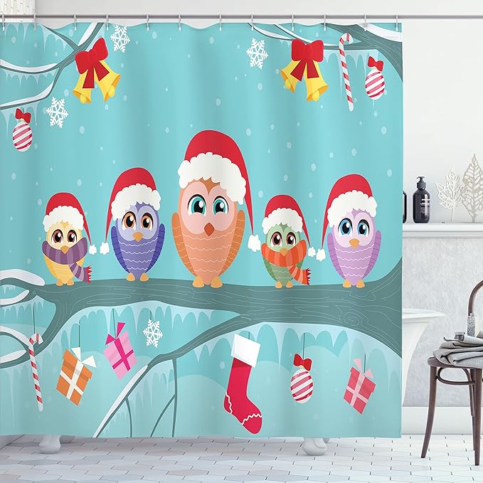 Ambesonne Christmas Shower Curtain, Owl Family Sitting on Tree Branch Like Little Elves of Noel Animal Design, Cloth Fabric Bathroom Decor Set with Hooks, 69" W x 84" L, Multicolor