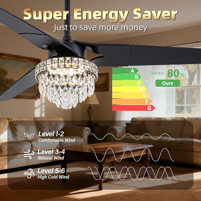 Chandelier Ceiling Fans With Lights And Remote, Chandelier Fan Ceiling,Crystal Ceiling Fan Fandelier With Lights,6 Speed 3 Timer Quiet Ceiling With Fans For Living Room Bedroom (Black, 60 In'ch)