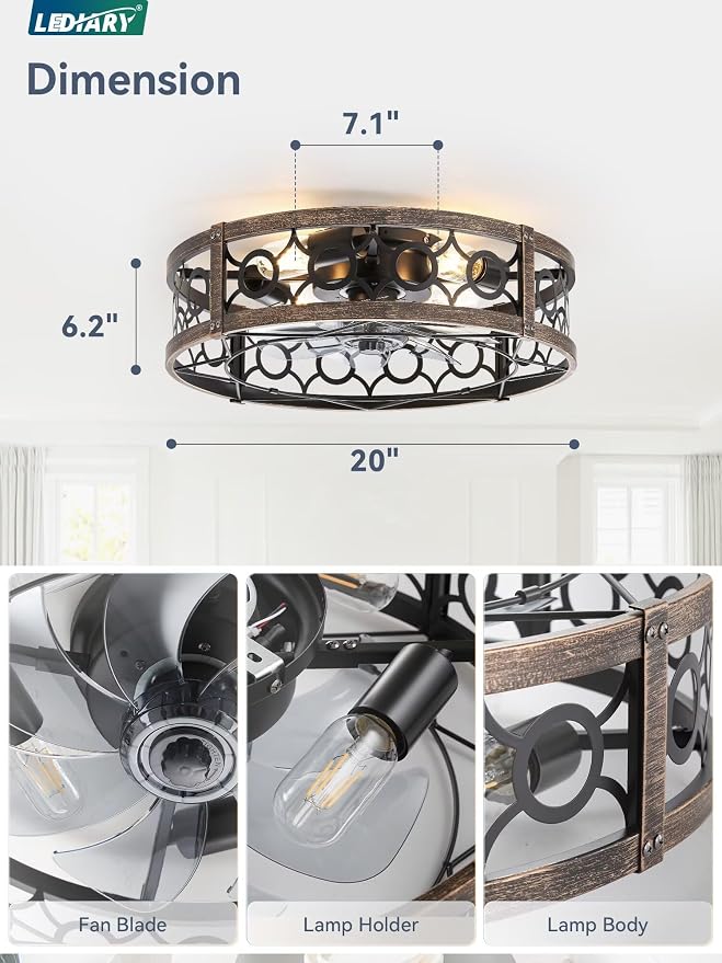 LEDIARY Caged Flush Mount Ceiling Fans with Lights, 20 Inch Farmhouse Low Profile Ceiling Fan with Remote, Small Bladeless Fan Lights Ceiling Fixtures for Bedroom, Kitchen- Black and Gold