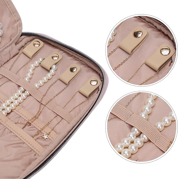 NISHEL Travel Jewelry Case Organizer, Tangle-Free Necklace Storage Bag | Stores rings, earrings, bracelets and watches in a compact case for travel and daily use, Peach Pink, Medium