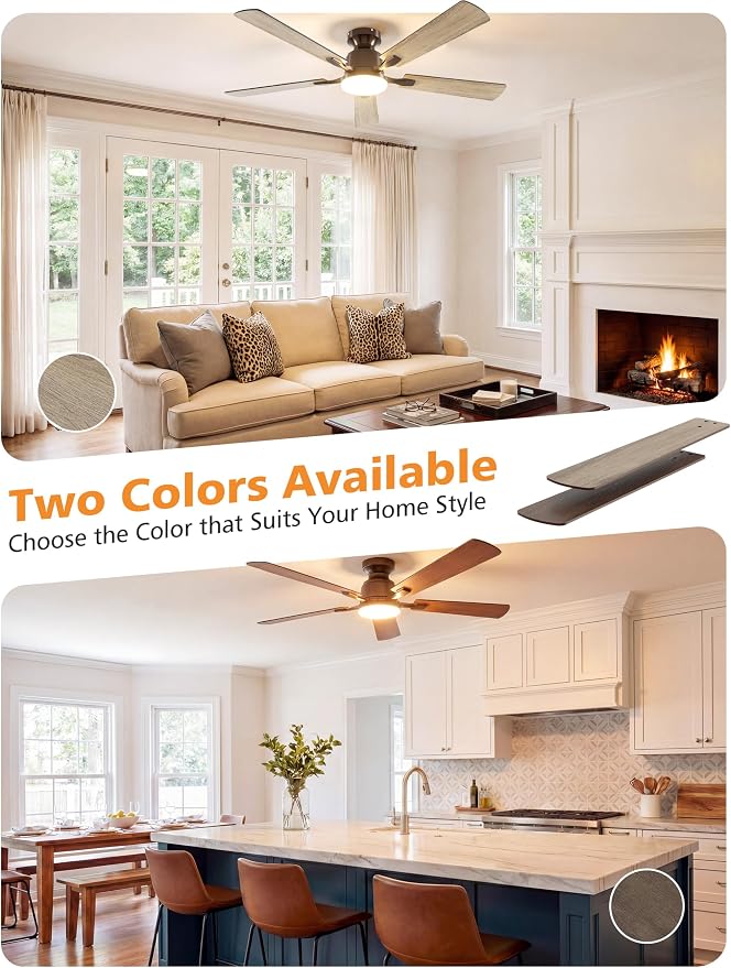 VOLISUN 52 Inch Ceiling Fan with Lights Flush Mount, Low Profile Ceiling Fans with Lights, Remote&APP Control,Dimmable 22W LED Light,Queit&Reversible Fan, Brown Ceilings Fans for Bedroom, Living Room