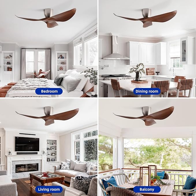 52" Walnut Finish Flush Mount Ceiling Fan with Remote, No Light | Modern Low-Profile, Heat Resistant ABS Blades, 6-Speed Reversible Quiet DC Motor for Balcony, Living Room, Bedroom