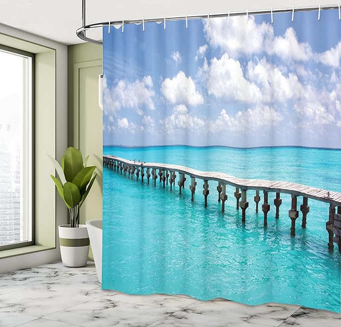 Ambesonne Beach Shower Curtain, Duck in Clear Empty Ocean on a Sunny Day Tropical Coastal Themed Image, Cloth Fabric Bathroom Decor Set with Hooks, 69" W x 70" L, White Turquoise