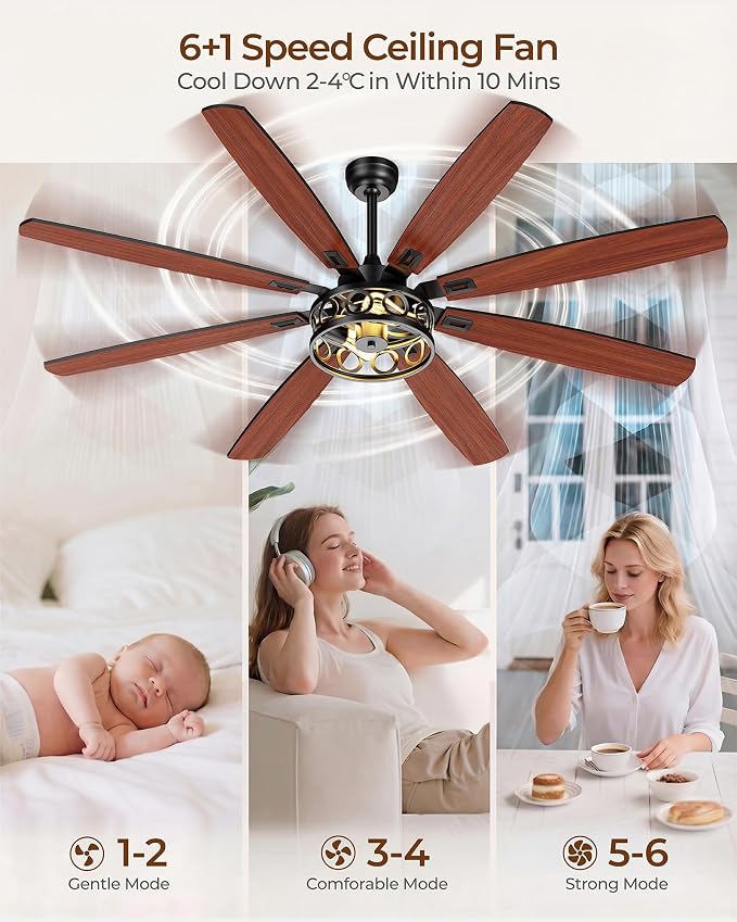 Ceiling Fans with Lights and Remote, 72'' Vintage Caged Ceiling Fan with Light, 8 Blades, 6+1 Speed, Flush Mount Ceiling Fan Whisper-quiet for Farmhouse, Living Room, Kitchen and Porch (72 Inch)