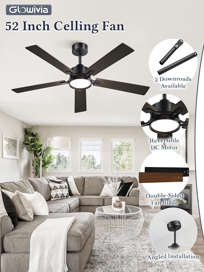 52 Inch Ceiling Fan with Lights and Remote, Smart APP Control, Dimmable with All-Setting Memory, Quiet DC Motor Reversible Blades, Damp Rated Modern Ceiling Fan for Bedroom Patio Living Room