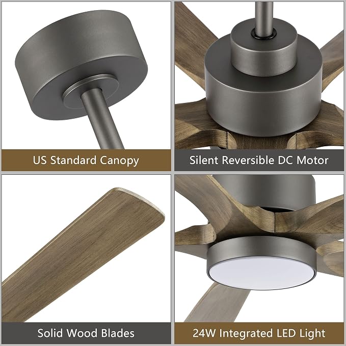 ELEHINSER 52" Modern Ceiling Fan with Light and Remote Control, 5 Solid Wood Blades 6-Speed Noiseless Reversible DC Motor, Ceiling Fan for Kitchen Dinning Living Room, Charcoal Finish with Wood Blades