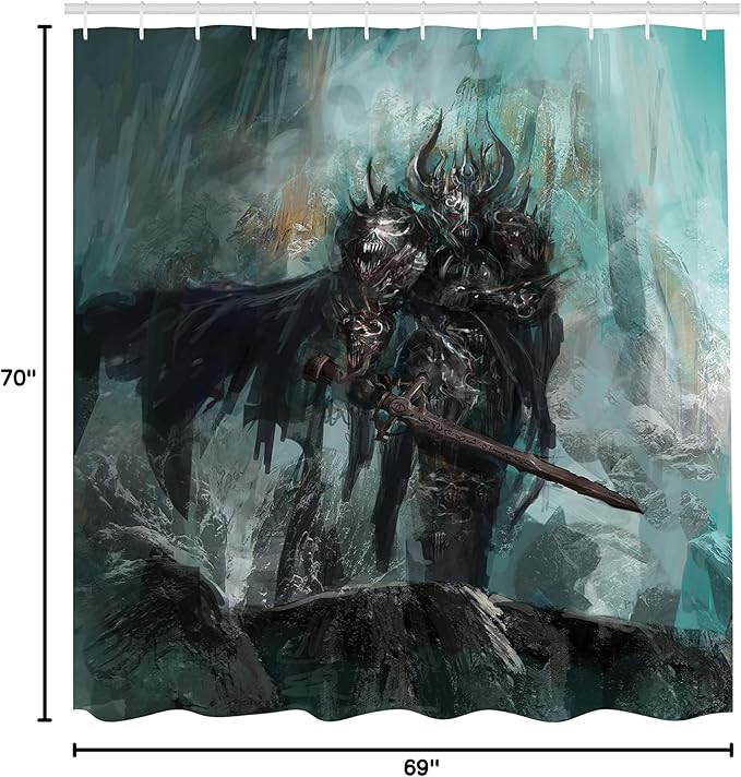 Ambesonne Fantasy World Shower Curtain, Knight of The Dead Dark Immortal Grunge Watercolor Design, Cloth Fabric Bathroom Decor Set with Hooks, 69" W x 70" L, Turquoise Black Brown