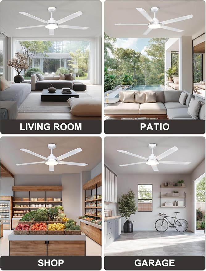 Ohniyou 60'' Industrial Ceiling Fan with Light for Patio, Porch, White | 6800 CFM Airflow, 35dB DC Motor, 5 Aluminum Blades, 3CCT Dimming, Remote/APP Control, Covered Outdoor Metal Fan