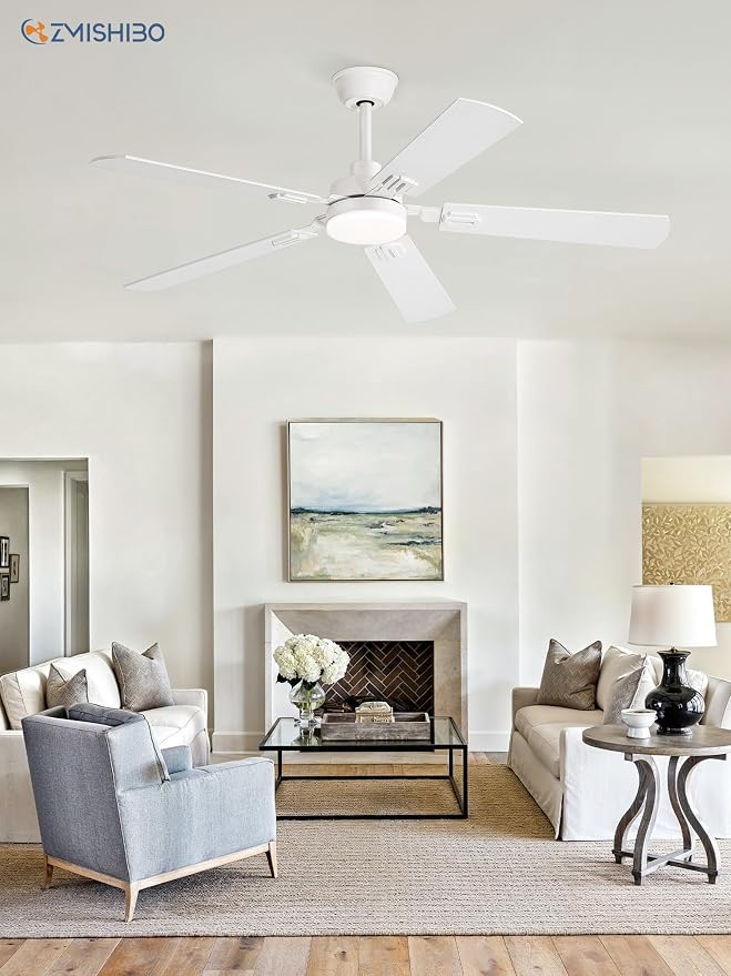 ZMISHIBO 52" Ceiling Fans with Lights, White Modern Ceiling Fan with Remote & App Control, bedroom Indoor Ceiling Fan with Dual Finish Blades, Quiet & Strong Motor, 24W Dimmable Bright LED Light.
