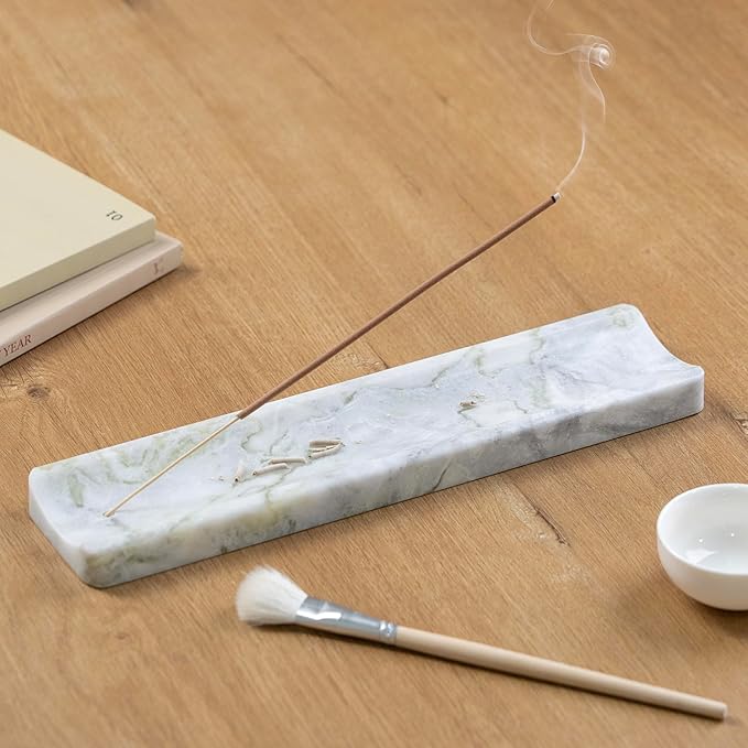 Marble Incense Holder Burner-Natural Stone Stick Incense Tray with Ash Catcher，20 Sticks & Brush - Elegant Decor for Meditation, Yoga, Home,Gift(White Green)