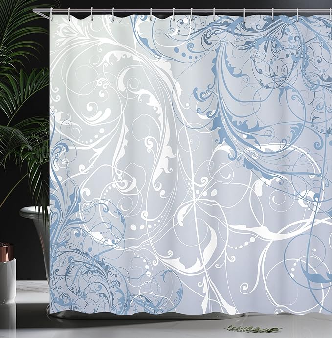 Ambesonne Floral Shower Curtain, Baroque Swirl Branches Curved Flower Leaves Shabby Form Nature Pattern, Cloth Fabric Bathroom Decor Set with Hooks, 69" W x 84" L, Petrol Blue