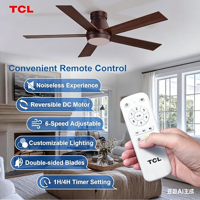TCL Ceiling Fan with Light: Oil Rubbed Bronze Finish 5 Wood Grain Blade Low Profile Remote Control Flush Mount DC Reversible 3CCT Dimmable Noiseless Fan with Light for Indoor and Room