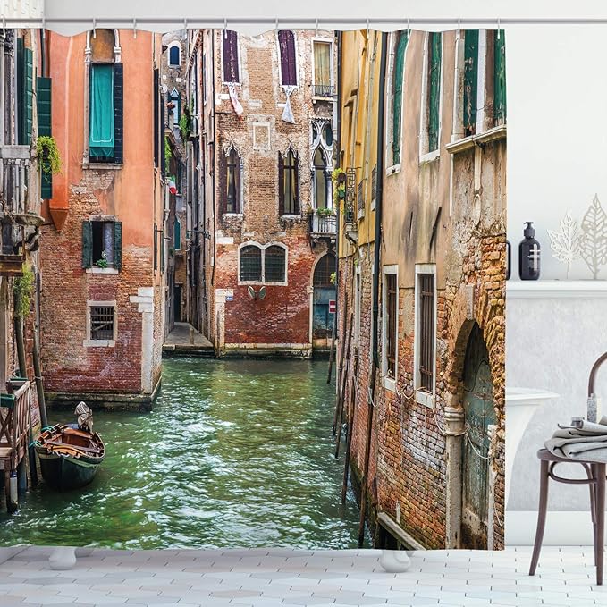 Ambesonne Venice Shower Curtain, Italian City on Water Historical Landmark Famous Streets Houses Gondolas Europe, Cloth Fabric Bathroom Decor Set with Hooks, 69" W x 75" L, Green Salmon