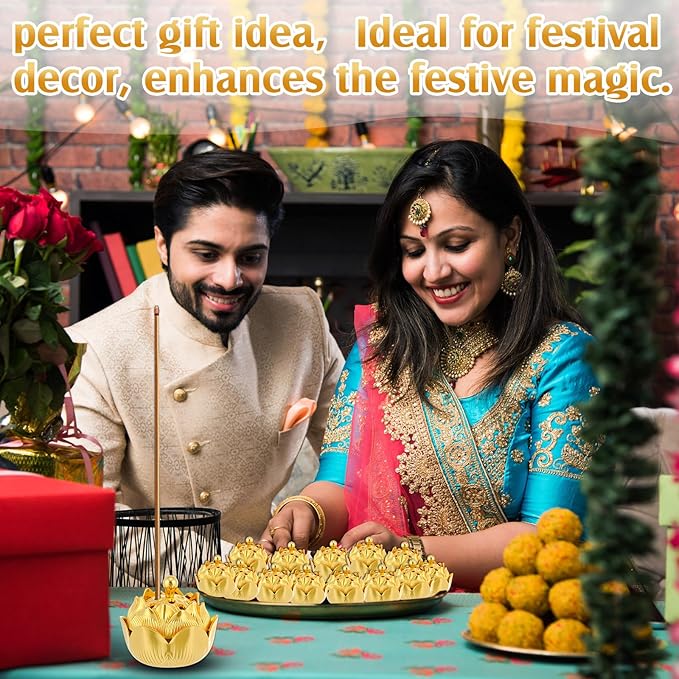 30 Pcs Return Gifts for Pooja Incense Holder Indian Return Gifts Lotus Flower Incense Burner Holder Sticks Cone Burner Ash Catcher with Lid for Pooja Indian Wedding Party Supplies(Golden)