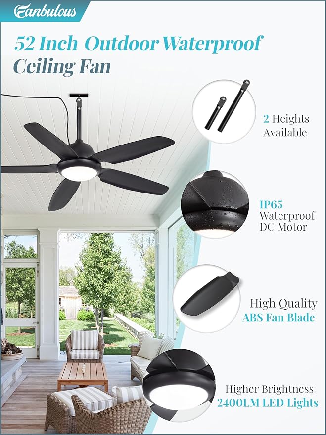 Fanbulous 52 Inch Waterproof Outdoor Ceiling Fan with Light for patio,Black | IP65 Wet Rated, 3CCT Dimmable Light,Remote Control,6-Speed DC Motor, Plug-in Cord, Hanging Hook for Gazebo, Porch, Pergola.