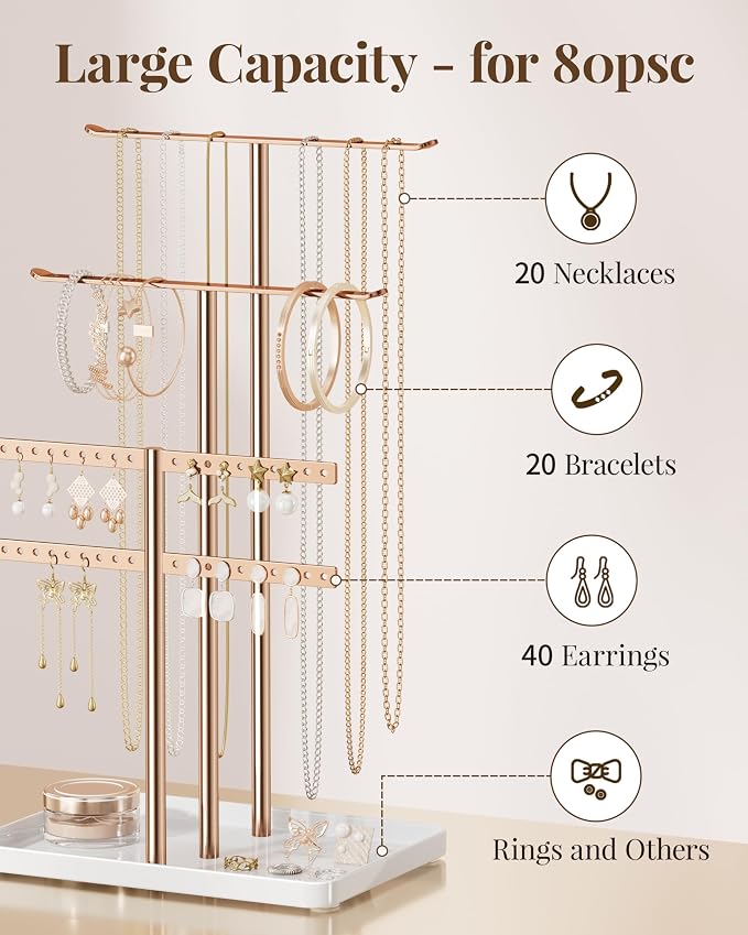 pickpiff Rose Gold Jewelry Organizer: 14.5" Sturdy Stand for 80 Pcs Jewelry