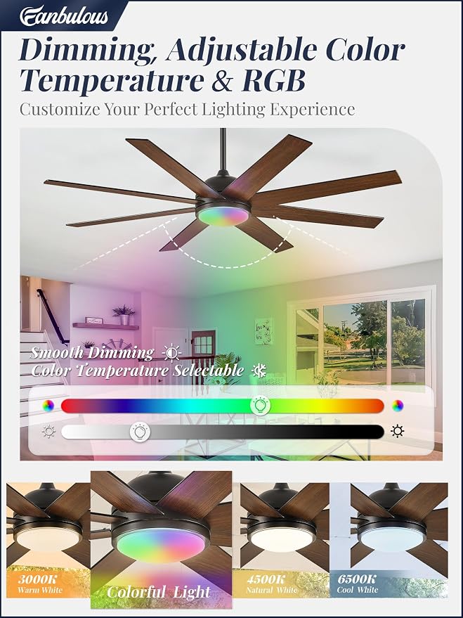 Fanbulous 60 Inch RGB Ceiling Fans with Lights and Remote&APP Control, Black Smart Ceiling Fan with Quiet Reversible DC Motor, 6 Speeds, 3CCT, Dimmable, Large Ceiling Fan for Living Room Bedroom