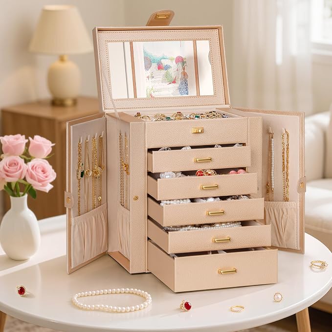 AKOZLIN 6-Tier Jewelry Box Organizer Functional 5 Drawers Leather Jewelry Storage Case for Women Girls Ring Necklace Earring Bracelet Holder Organizer with Mirror Medium Champagne