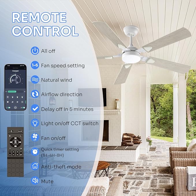 Ceiling Fans with Lights, 52 Inch Modern Ceiling Fans with Lights and Remote Control, DC Reversible Motor, Noiseless, 3CCT, Ceiling Fan for Bedroom, Living Room, Apartment Indoor/Outdoor Use