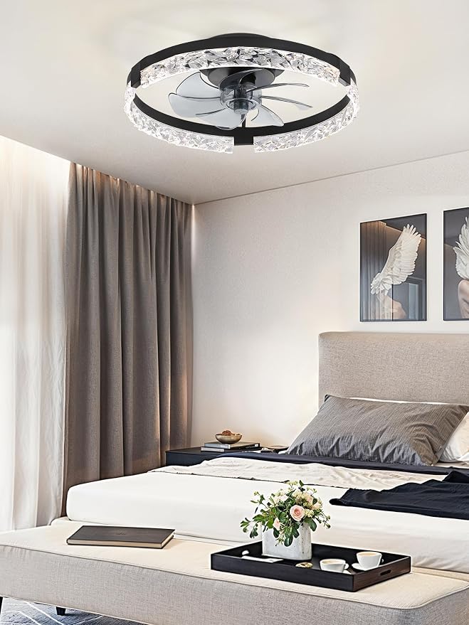LEDIARY 20 Inch Low Profile Ceiling Fans with Lights and Remote, Fandelier Ceiling Fan Flush Mount, 3000K-6000K Dimmable LED Fan Light, Black Modern Ceiling Fans with Lights for Bedroom