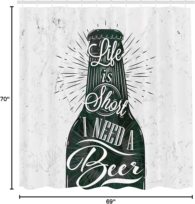 Ambesonne Manly Shower Curtain, Retro Lettering of Life is Short I Need a Beer Calligraphy Print Vintage Stripes, Cloth Fabric Bathroom Decor Set with Hooks, 69" W x 70" L, White Black
