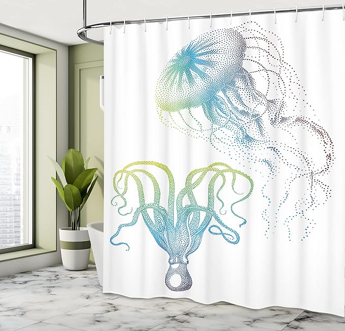 Ambesonne Octopus Shower Curtain, Octopus and Jellyfish Illustration Nautical Themed Art Underwater Wildlife Marine, Cloth Fabric Bathroom Decor Set with Hooks, 69" W x 70" L, Blue Eggshell