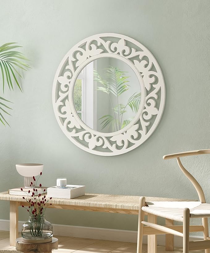 Kate and Laurel Shovali Coastal Round Mirror; 32 Inch Diameter; White; Decadent Wall Decor with Ornate Wood-Carved Frame