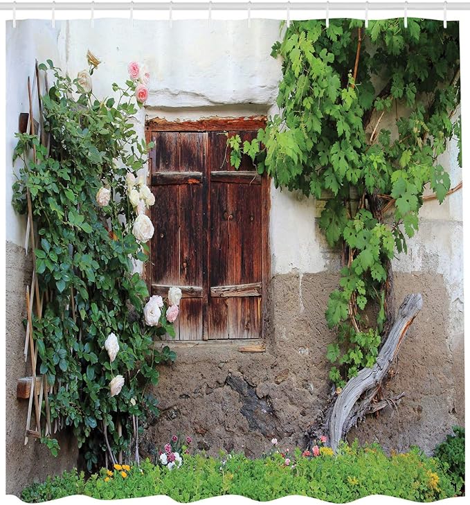 Ambesonne Shutters Shower Curtain, Old Windows with Wooden Shutters Roses and Wine Country House Backyard, Cloth Fabric Bathroom Decor Set with Hooks, 69" W x 75" L, White Brown