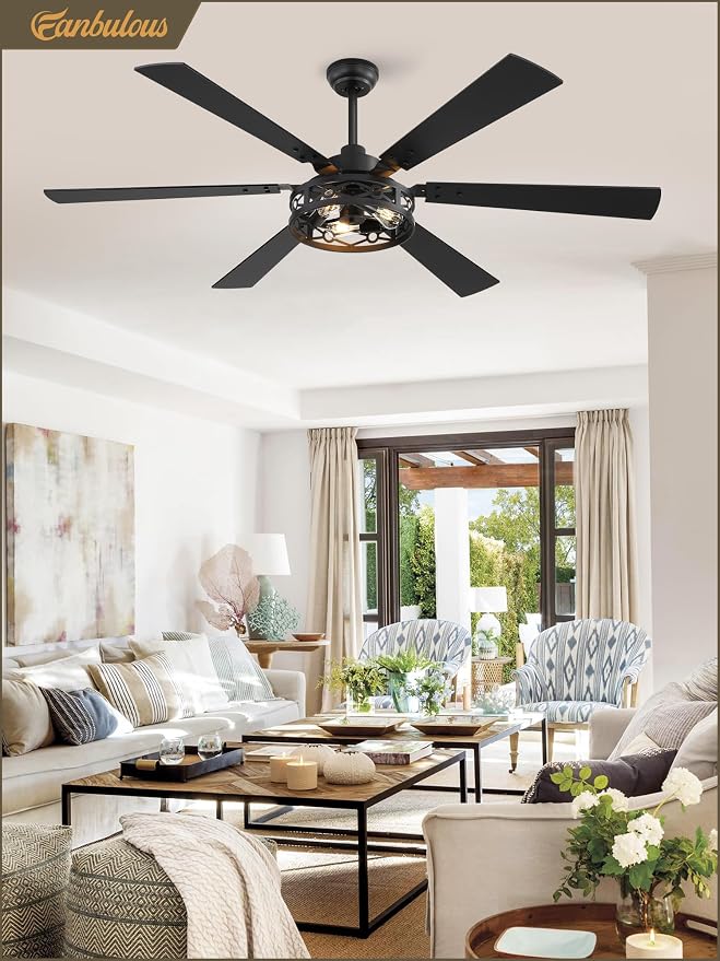 Fanbulous 65 Inch Ceiling Fan with Lights, Farmhouse Caged Ceiling Fans with Remote, Black Industrial Ceiling Fans with Quiet Reversible DC Motor, Large Ceiling Fan for Living room, Bedroom