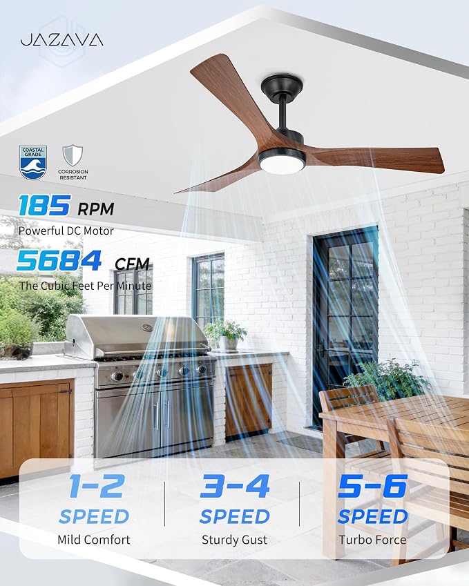 52" Ceiling Fan with Light & Remote, Walnut, ZCCF08WD-52 | Wood-grain ABS blades, remote, 6 speeds, 3CCT dimmable LED and quiet reversible DC motor for living rooms and covered patios