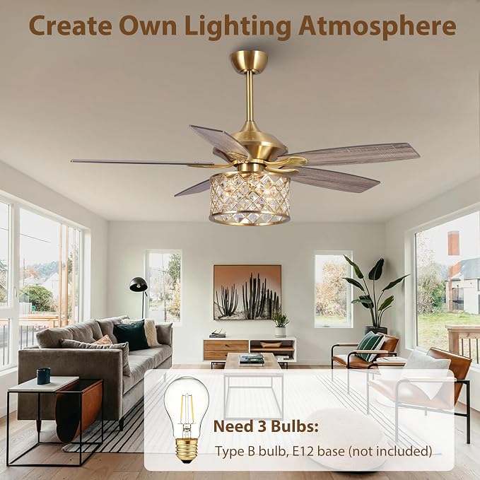 52" Modern Drum Crystal Ceiling Fan with Light, Luxury Brushed Gold Fandelier, Diamond Lattice Metal Cage, Quiet 3-Speed Motor, Elegant Chandelier Fan for Living Room Bedroom