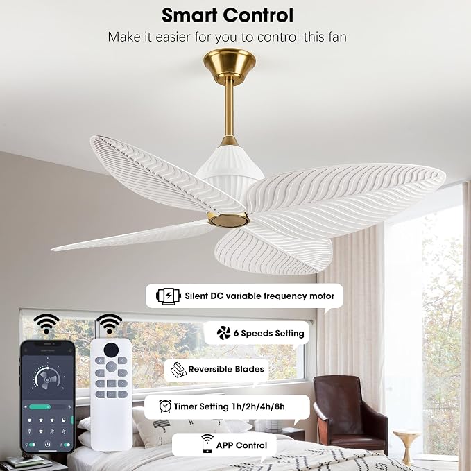 52" Tropical Ceiling Fans, Flush Mount Palm Leaf Ceiling Fan no Light, Indoor Ceiling Fans Without Light for Living Room Bedroom Kitchen Covered Gazebo, APP and Remote Control-White Gold