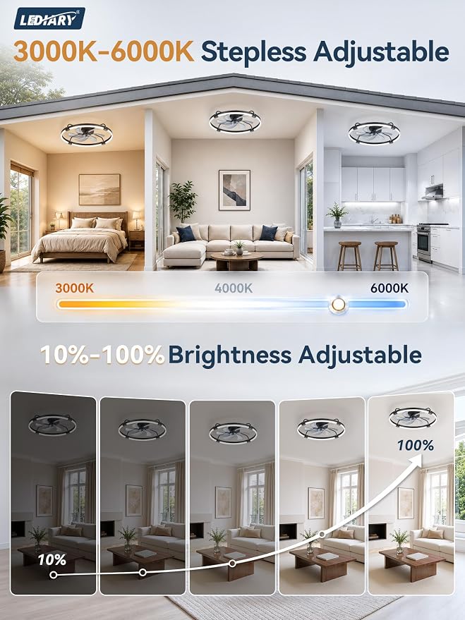 LEDIARY 26" Ceiling Fans with Lights and Remote, Low Profile,Large, Black | 3000K-6000K Stepless Dimmable Fandelier, Reversible DC Motor, Remote and APP Control, Bedroom Kitchen Living Room