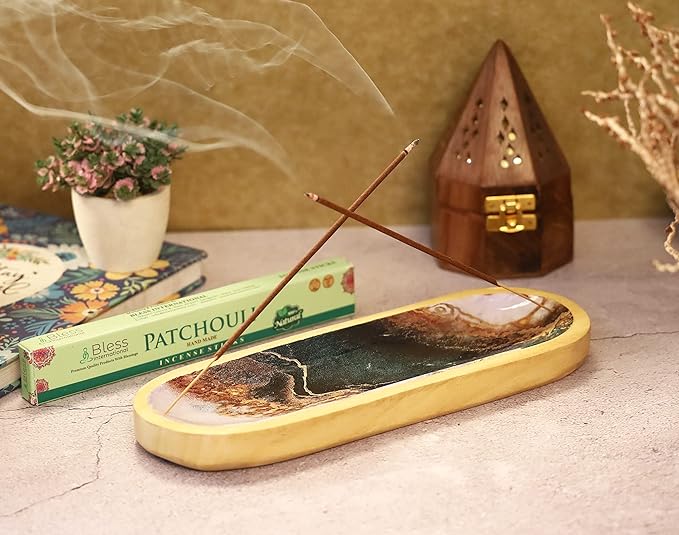 Bless-International Traditional-Handmade-Tray-Burner Wooden-Trat-Incense-Stick-Holder Ash-Catcher-Stand for-Aromatherapy-Meditation-Yoga (Green White Agate, 11x4x1.22 Inches)