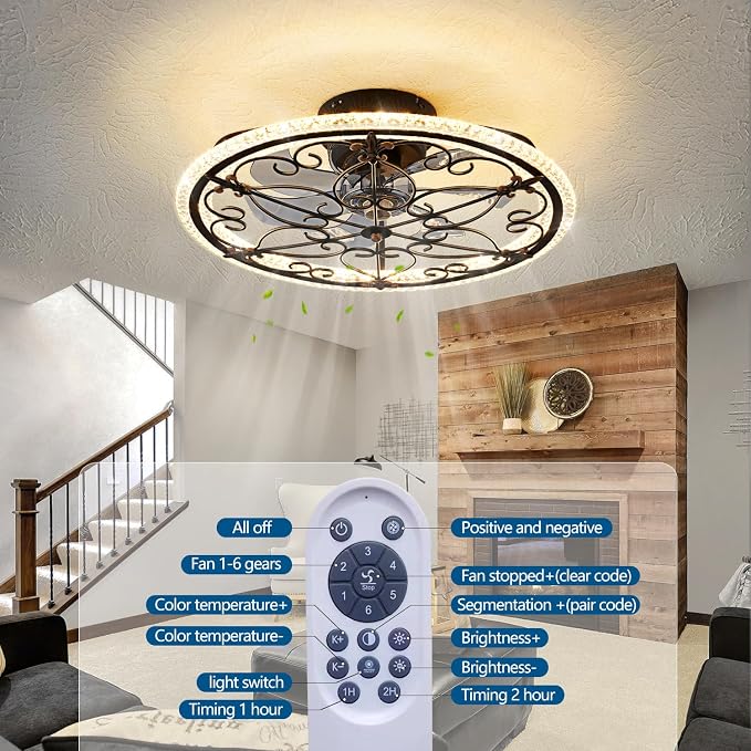 Dalouguan Rustic Black Caged Ceiling Fan with Light, Farmhouse Caged Ceiling Fan with Remote, LED Low Profile Ceiling Light for Bedroom Kitchen Living Room