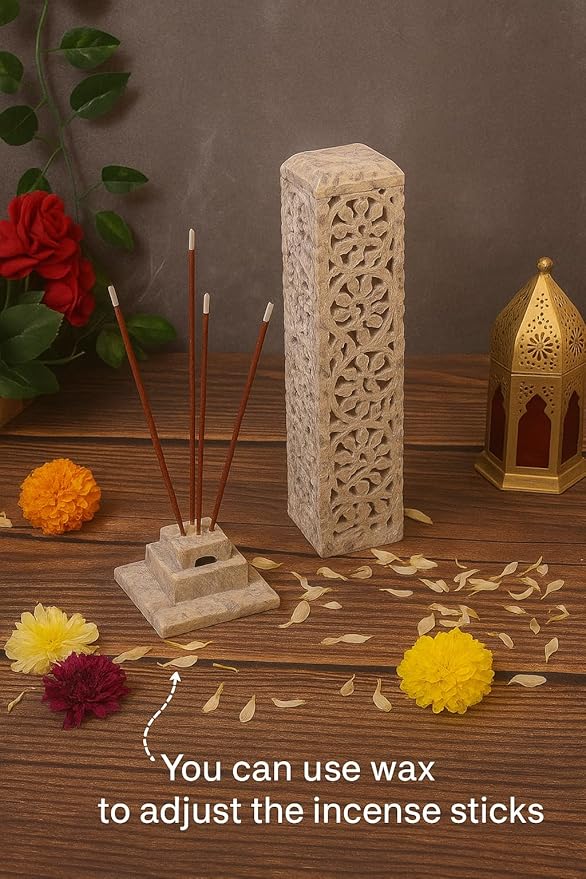 Handmade Stone Incense Stick Holder | Unique King Size Long Tower Burner | Camphore - Tealight - Dhoop Batti - Candles Holder for Yoga, Meditation and Home Decor. (Floral)