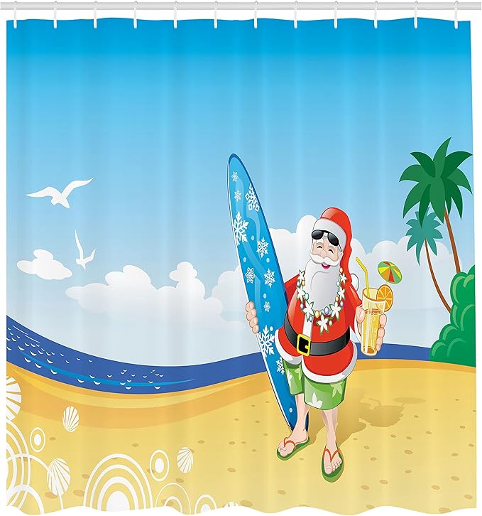 Ambesonne Christmas Shower Curtain, Santa Claus on The Beach Surfboard Summer Party Celebration Tropical Art, Cloth Fabric Bathroom Decor Set with Hooks, 69" W x 75" L, Yellow Blue