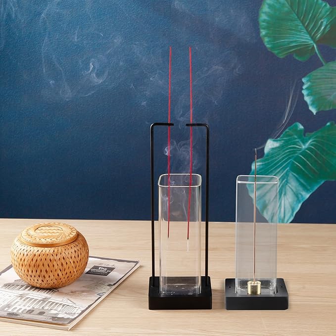 Incense Holder for Sticks, Upside Down Incense Burner with Removable Glass Ash Catcher Anti-Ash Flying Black