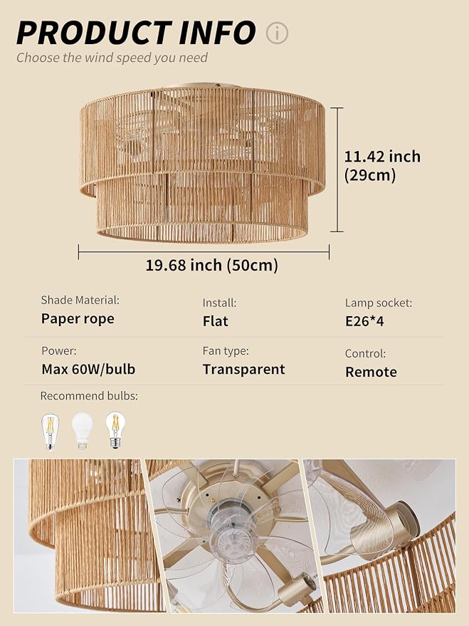 SYDACG Flush Mount Ceiling Fan with Lights Low Profile, 20" Rattan Boho Ceiling Fan with Light Remote Control, Bladeless Caged with 6 Speeds for Bedroom, Living Room, Nursery