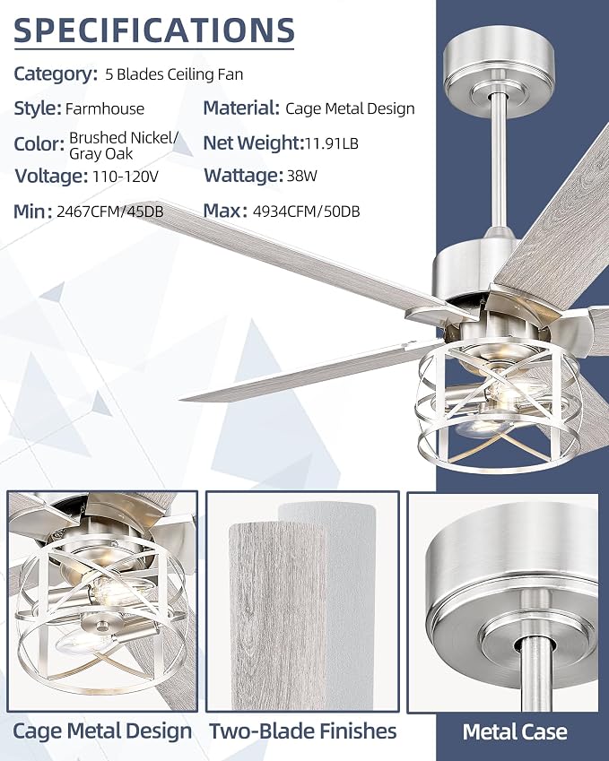 YOUKAIN 42 Inch Ceiling Fans, Farmhouse Ceiling Fans with Lights and Remote, 5-Reversible Blades with Gray Oak/Brushed Nickel Finish, 42-YJ632-BNW
