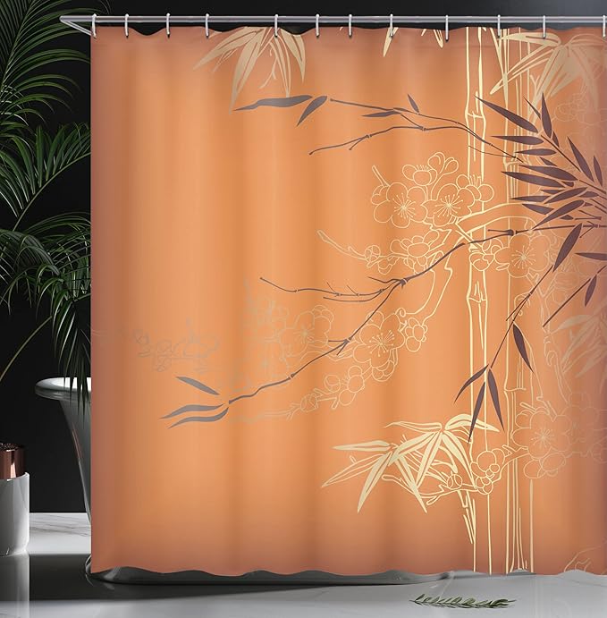 Ambesonne Asian Themed Shower Curtain, Ethnic Branches and Flowers Illustration Eastern Nature Theme, Cloth Fabric Bathroom Decor Set with Hooks, 69" W x 75" L, Orange Yellow and Brown